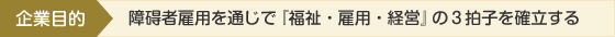 企業目的　障碍者雇用を通じで『福祉・雇用・経営』の３拍子を確立する