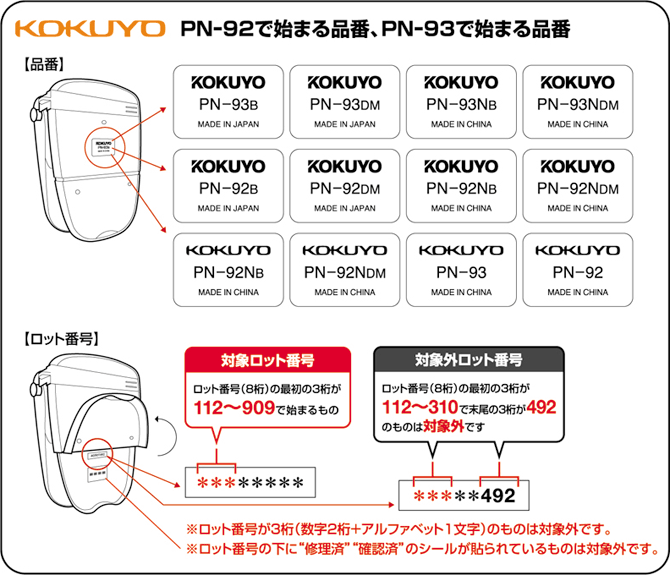 PN-92B,NB　PN-92DM,NDM  PN-93B,NB  品番・ロット番号の確認方法