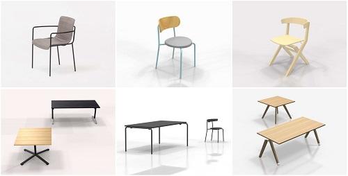写真：「DAYS OFFICE」第一弾シリーズ
（左上からチェアー3種）offset frame、hang like、wood side
（左下からテーブル3種）flip top、pile pipe、wood tilt
