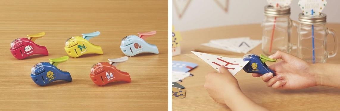 （左）針なしステープラー＜ハリナックス＞（コンパクトアルファ）限定色　ラインアップ
（右）針なしステープラー＜ハリナックス＞（コンパクトアルファ）限定色　使用シーン
