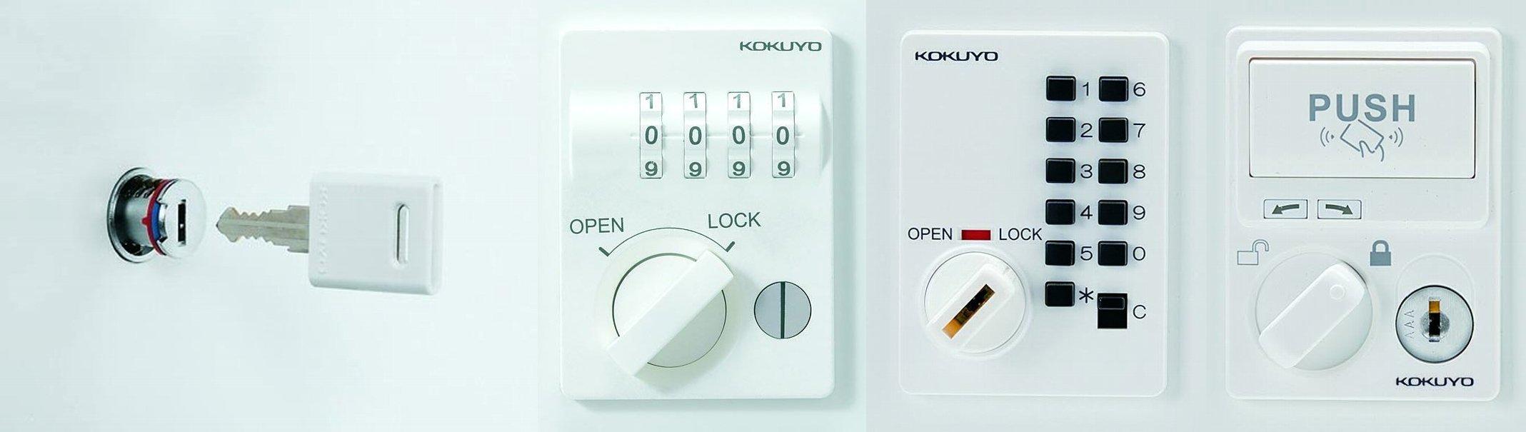 写真：（左から）キータイプのシリンダー、ダイヤル、
プッシュオートロック、ICカードの4種類
