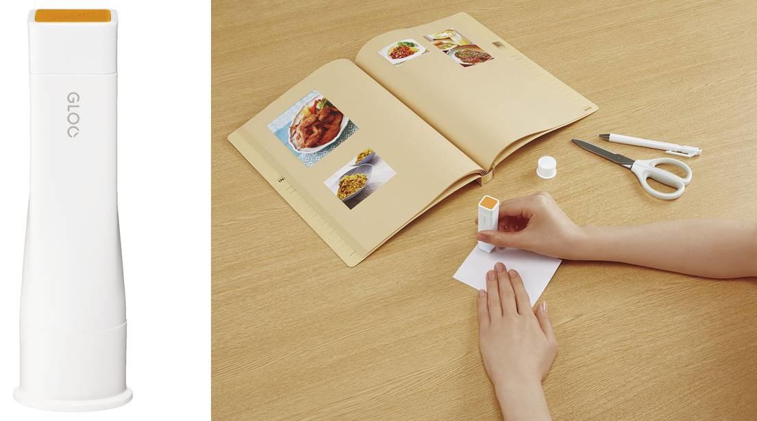 写真：（左）「GLOO スティックのり　シワなくキレイ」、（右）使用イメージ