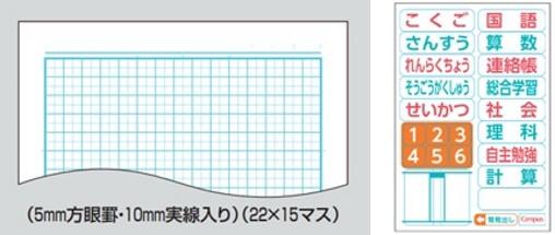 様々な教科で使いやすい「5mm方眼罫（10mm実線入り）」と科目シール付き