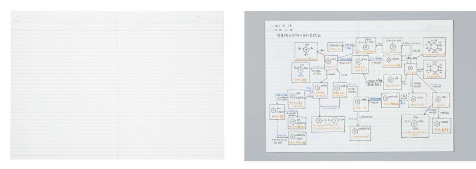 （左）見開きドット罫、（右）見開きページを一面で使ったノート