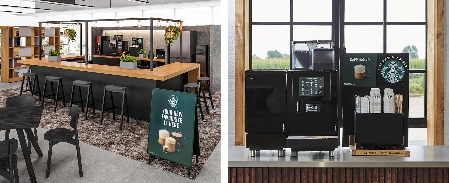 写真左：「DAYS OFFICE CAFE」、写真右：「We Proudly Serve Starbucks® コーヒープログラム」のカフェ用アイテム