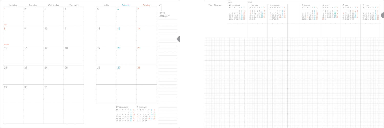 （左から）マンスリーページ、イヤープランナーページ