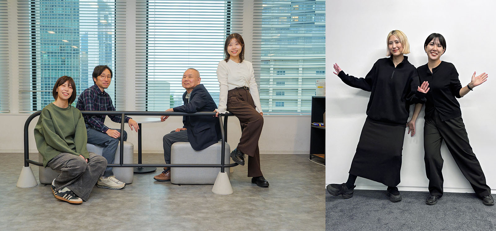 ALT：2枚の写真が並んでいる。左はハングアウトを囲む4人の大阪メンバー。高木さんは下のバー部分に座り、靍﨑さん、宮原さんはソファ部分に座っている。大塚さんは上部のバー部分にちょいがけしている。右の写真は東京メンバーの女性2人。2人とも黒い服を着ている。金色の髪の後藤さんと、ショートカットの小林さん。ALTおわり。