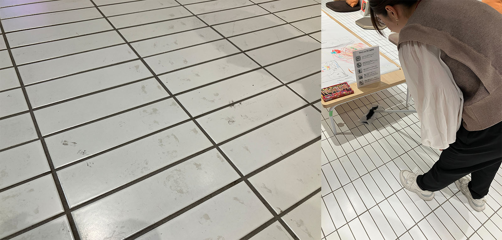 <ALT始まり>写真が横に2枚並んでいる。左側1枚目は、Campusショップの床の汚れのアップ。右側2枚目は、Campusショップのスタッフが床の汚れを「文具のコクヨが本気で消しやすさにこだわった軽い力でスルッと落とせるフローリングワイパー」で落としている様子。<ALT終わり>